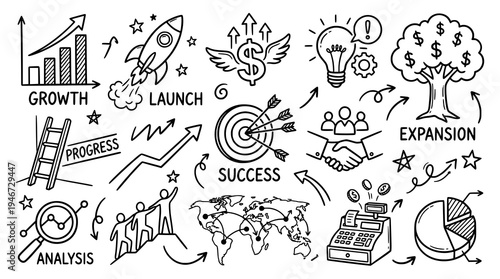 Set of Business growth doodles. hand drawn style. black and white line art drawing