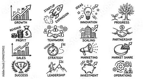 Set of Business growth doodles. hand drawn style. black and white line art drawing