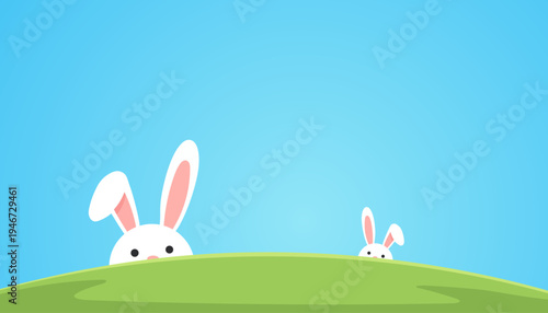 Cute cartoon Easter bunnies peeking over a green hill against a bright blue sky