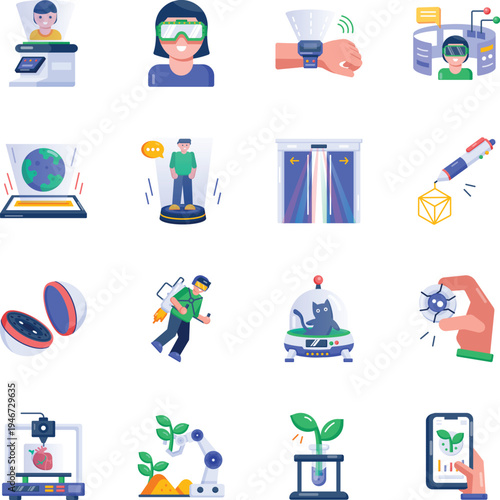Pack of Flat Style Tech Innovation Icons 