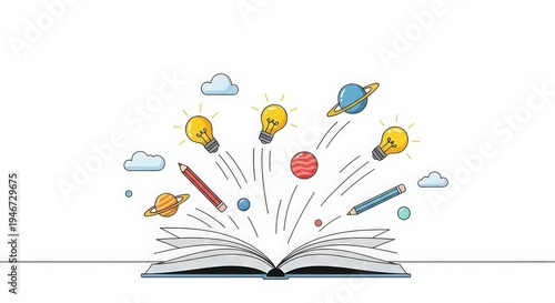 Open book with light bulbs planets pencils and clouds exploding outwards idea imagination