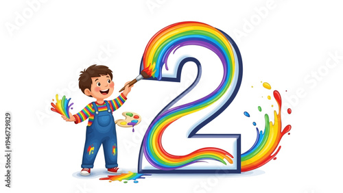 Cartoon boy painting large number two.