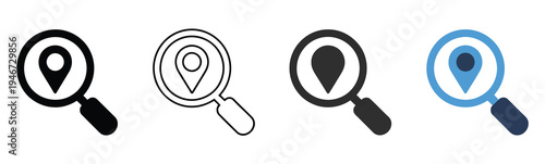 Location search icons set GPS navigation and map pin vector symbols, representing route tracking, geolocation