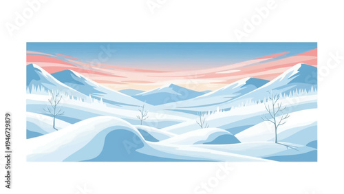 Snowy Landscape with Mountains and Trees.