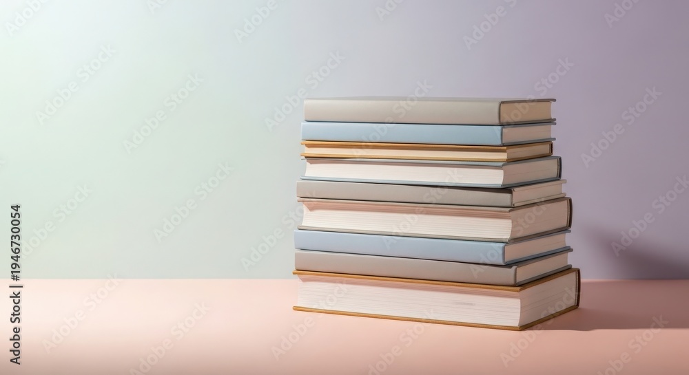 Fototapeta premium Stack of hardcover books in muted pastel colors on a pink surface against a gradient background image