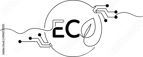Eco Technology Logo with Circuit Board Lines and Leaf Icon in Continuous Line Art Vector