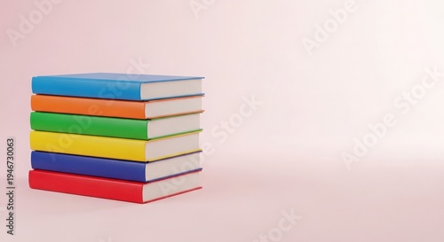 Stack of six colorful hardcover books blue orange green yellow royal blue and red on a light pink background
