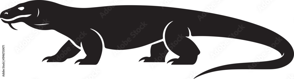 Fototapeta premium Black Silhouette of Komodo Dragon Lizard on White Background
