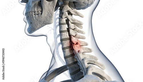 3D medical illustration of a human cervical spine in lateral view, highlighting a vertebrae fracture in the C3-C5 area. Features a red trauma zone and translucent soft tissues on white.