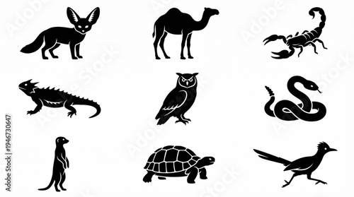 Collection of desert animals and insects depicted as black silhouettes on a white background