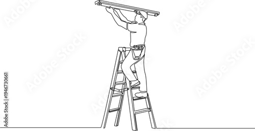Continuous one line drawing of male electrician changing linear fluorescent light bulb, repair work by professional technician concept, single line art
