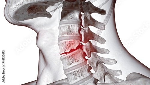 3D medical illustration of a human cervical spine in lateral view, highlighting a vertebrae fracture in the C3-C5 area. Features a red trauma zone and translucent soft tissues on white.