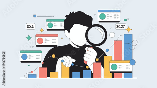 A man in black shirt analyzing colorful graphs and charts with a magnifying glass in a creative workspace