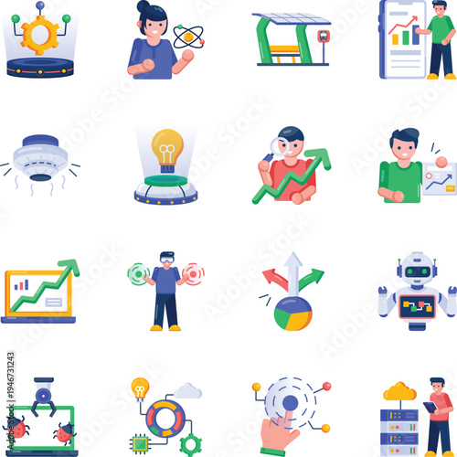 Set of Workflow Technology Flat Style Icons 