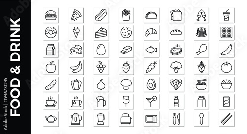 Hand drawn food and drink icons set featuring various items like burger pizza fruits and drinks.