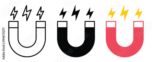 Magnet icon set vector on white background, modern flat and outline symbols representing magnetic force, scientific concepts, laboratory studies