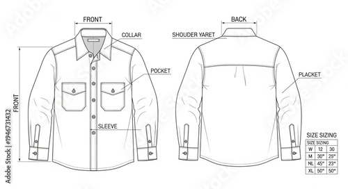 Technical Drawing of a Long-Sleeved Shirt with Measurements.
