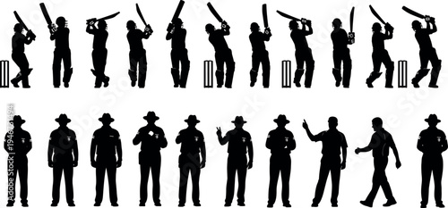 Collection of cricket player silhouettes in batting poses and umpire figures, sports action illustration set showing professional game moments isolated on background for design.
