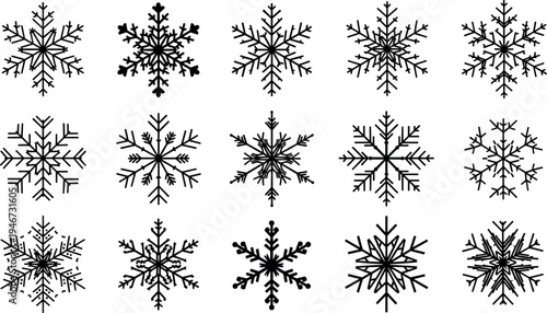 Collection of intricate snowflake silhouettes in geometric winter pattern style, decorative frost crystal illustration set for holiday design, seasonal backgrounds and festive ornament concepts.