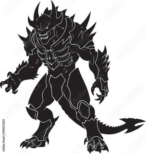 Fantasy monster silhouette, beast illustration with horns and sharp teeth, dynamic line art vector