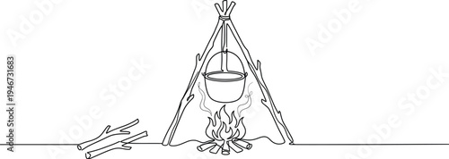 Outdoor cooking in continuous line art drawing style. Cauldron hanging over an open fire. Adventure hiking and backpacking. Black linear sketch isolated on white background. Vector illustration