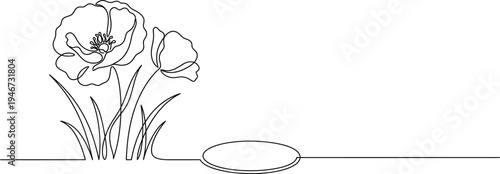 Poppy flowers in continuous line art drawing style. Doodle floral border with two flowers blooming among grass. Minimalist black linear design isolated on white background. Vector illustration