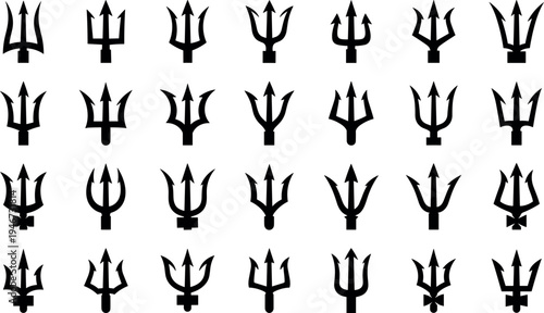 Collection of trident silhouettes in different styles, mythological weapon symbol illustration set featuring sharp spear shapes, tribal decorative design elements isolated on background.