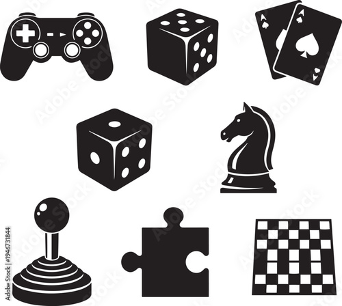 Collection of black game including controller dice cards chess knight joystick puzzle and checkerboard