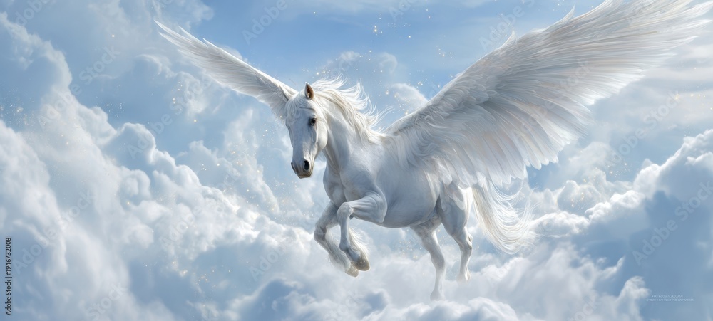 Fototapeta premium The Pegasus Soaring Gracefully Above a Luminous Dreamlike Cloudscape at Sunrise