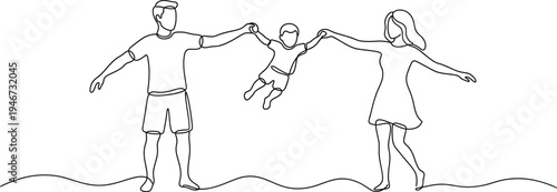 Happy family in continuous line art drawing style. Front view of parents with their little kid holding hands and walking together black linear sketch isolated on white background. Vector illustration 