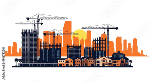 Cityscape construction site with cranes and buildings.