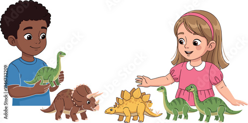 Cute children playing with dinosaur toys illustration, happy boy and girl enjoying prehistoric animal figures, colorful educational playtime concept isolated on background for kids design.