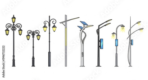 Collection of diverse street lights and lampposts.