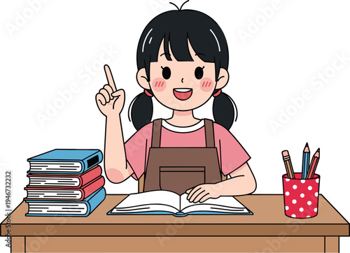 Cute schoolgirl studying at desk with books and pencils, cheerful education illustration showing learning, homework, knowledge and classroom activity concept isolated on background for kids design