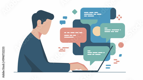 A man sitting at a laptop with colorful speech bubbles floating above the keyboard