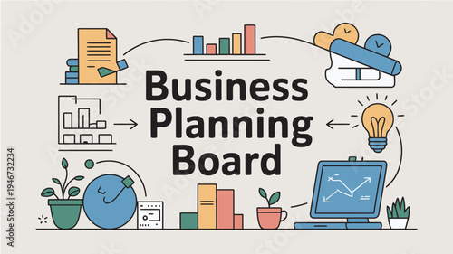 A business planning board with various icons and graphs for strategic planning and growth.