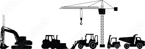 Construction site heavy machinery silhouettes including a crane excavator bulldozer loader and dump truck with ample white space