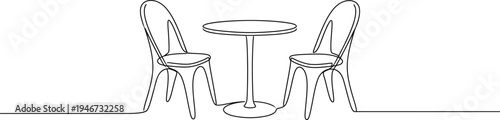 Garden chairs and table in continuous line art drawing style. Classic style dining room furniture black linear sketch isolated on white background. Vector illustration 