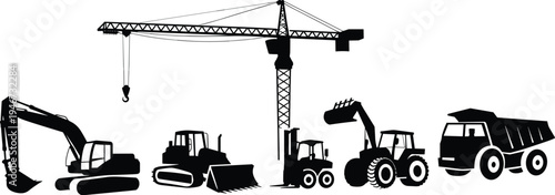 Construction site heavy machinery silhouettes including a crane excavator bulldozer loader and dump truck
