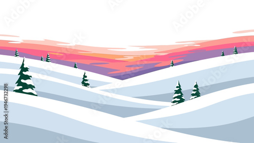 Snowy Landscape with Evergreen Trees at Sunset.