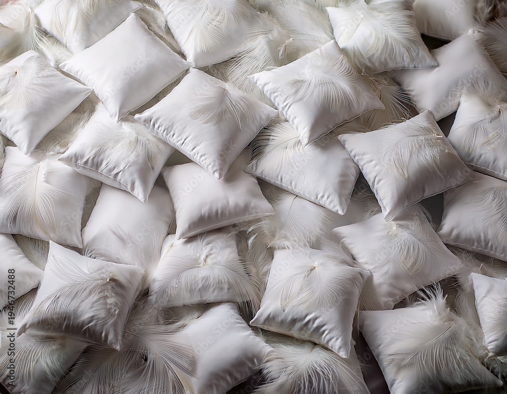 Fototapeta premium lots of white pillows background with chaotically scattered feather pillows