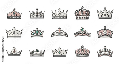 Collection of ornate crowns and tiaras displayed on a white background.