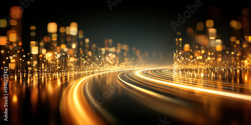 Golden glowing city skyscrapers and roads in a futuristic style illustration