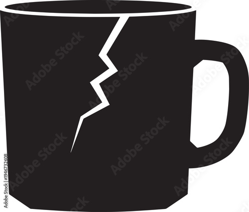Broken coffee mug icon black silhouette of cracked ceramic cup with handle for tea or hot drinks isolated on transparent background vector illustration