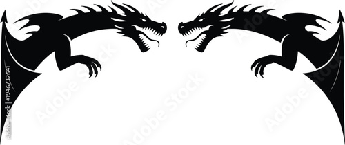 Fierce black silhouette dragon heads facing each other with open mouths and sharp teeth wings spread wide