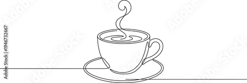 PrintCup on a saucer in continuous line art drawing style. Tea or coffee cup black linear design isolated on white background. Vector illustration