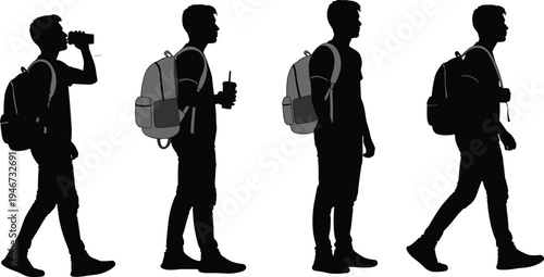 Set of Young Male Student Silhouettes Carrying Backpacks and Drinking Coffee while Walking and Standing Isolated on White Background for Education Design