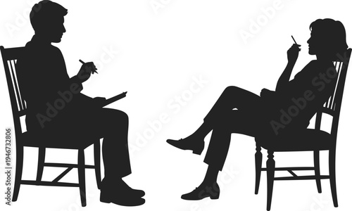 Silhouette of a man and woman in conversation, seated in chairs, with the man writing and the woman holding a cigarette, suggesting a therapy session or interview