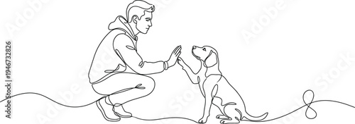 Man high-fiving dog in continuous line art drawing style. Pet and people friendship. Black linear sketch isolated on white background. Vector illustration