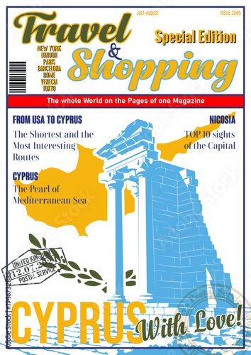 Travel and Shopping Magazine Fake Cover. Cyprus with Love. Cyprian Attraction Ancient Amphitheater Ruins Panorama Illustration. Cyprian Flag, Vector Template for Travel Illustrations, Posters, Covers